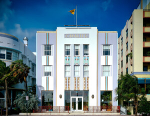 The art deco façade of the Cavalier Hotel, located in South Beach, FL, includes pastel colors, repetitive geometry, and wave crest motifs.