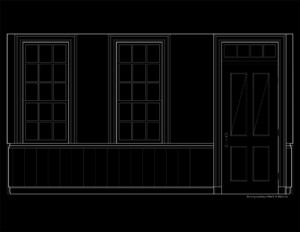 Line art featuring cape cod style door mouldings and window mouldings.