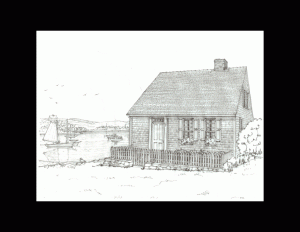 Drawing of a symmetrical house, with central chimney, double-hung windows with shutters, and picket fence surrounding the cape cod style house.