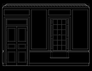 Line art image of Chesapeake Colonial style wall elevation featuring door mouldings and window mouldings.