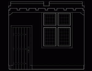 Line art image of a modern dutch colonial style wall elevation showcasing door mouldings and window mouldings.