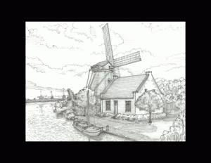 Drawing of a dutch colonial style house that is lakeside with a mill attached to the exterior of the home along with two chimneys and window mouldings.