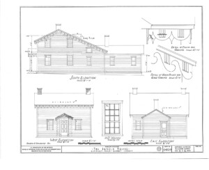 Blueprint of Arnold house south, east, and west elevations, along with cornice mouldings.