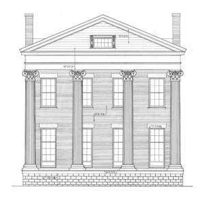 Front face of campbell-whittlesey house featuring a brick foundation, four pillars, cornice mouldings, and window mouldings.