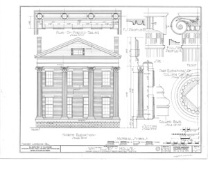 North elevation of Campbell Whittlesey house featuring window mouldings, columns, brick exterior, wooden roof, and all brick chimney.