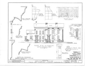 Eastside elevation of Campbell Whittlesey house featuring window mouldings, columns, brick exterior, wooden roof, and all brick chimney.