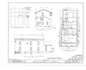 Westside elevation, and rear side elevation of Campbell Whittlesey house featuring window mouldings, and all brick chimneys.