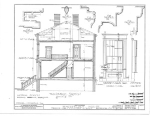 Floor elevation of Campbell Whittlesey house featuring door mouldings, staircase, and staircase railing.