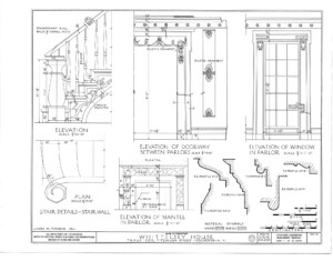 Campbell-whittlesey house blueprint featuring an elevation for mantle in parlor, window in parlor, doorways between parlors, and stair details.