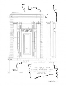 North door elevation of the campbell-whittlesey house showcasing column mouldings,panel moulds, window, and cornice mouldings.