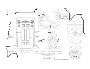 Elevation of south door in the campbell-whittlesey house featuring cornice mouldings and door trim.