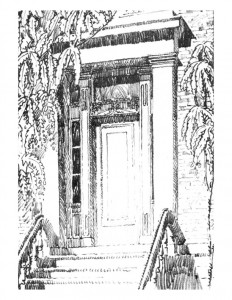 Drawing of Campbell-Whittlesey house doorway with column mouldings, panel molds, casing, and steps to entrance.