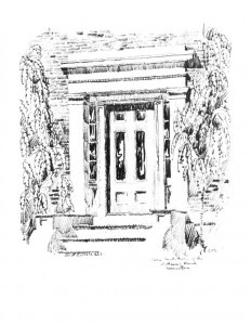 Drawing of Campbell-Whittlesey house doorway with mouldings, casing, door windows, and steps to entrance.