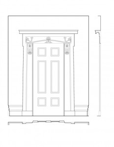 South door elevation of the campbell-whittlesey house featuring panel molds, baseboards, and cornice mouldings.