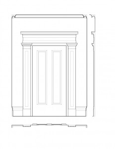 Line art of Hervey Ely house hall door featuring column mouldings, and panel mouldings.