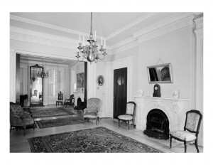 Interior of Hervey Ely house featuring door mouldings, window mouldings, and interior cornice mouldings.