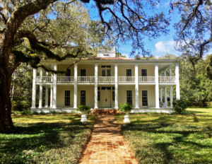 Greek revival southern plantation style featuring window mouldings, door mouldings, and steep roof.