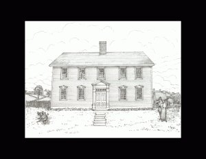 Drawing of a new england colonial style house with window mouldings, chimney, and door mouldings.