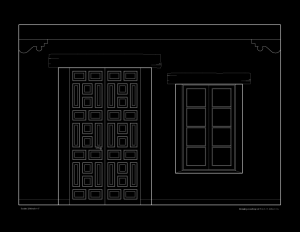 Line art of wall elevation featuring spanish colonial style door mouldings, and window mouldings.