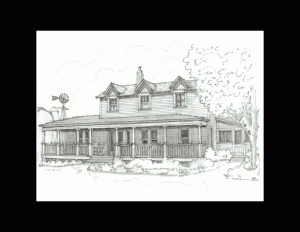 Drawing of a farmhouse style home that has a full front porch, columns for porch with fencing in between, a slanted roof, and shingle siding.