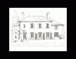 Drawing of a french city style home showcasing a steep overhanging roof, second story window mouldings with shutters, and first story large windows.