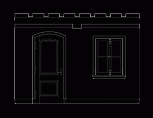 Line art image of a modern french country style wall elevation showcasing door mouldings and window mouldings.