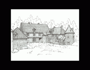 Drawing of a french country style home featuring an all brick exterior, steep roofs, castle top roofs, gable dormers, and chimneys.