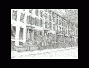 Drawing of a row of greek revival style row houses with pillars, covered porches, many windows, and stairs leading to every entrance.