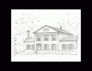 Drawing of greek revival style house featuring windows with shutters, huge pillar mouldings, two chimneys while complimenting shingle siding.