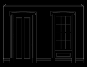 Line art of wall elevation featuring greek revival southern plantation style door mouldings and window mouldings.