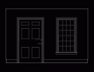 Line art of wall elevation featuring Greek Revival Western Reserve style door mouldings, and window mouldings.