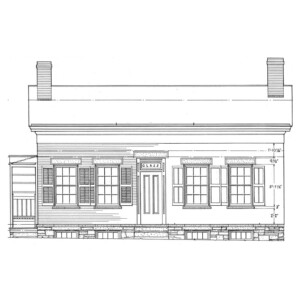 Line art of birthplace of Thomas Edison house featuring window mouldings, door mouldings, and two chimneys.