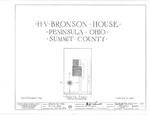 Blueprint cover page by the American Building Survey describing the Bronson house erection date, address, and architect information.