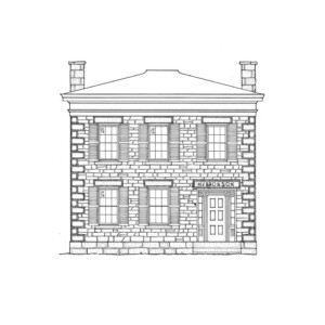 Line art of Bronson house featuring an all brick exterior, windows with shutters, door casing mouldings with windows, and cornice mouldings.