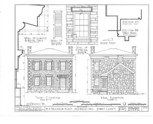 Blueprint for the Bronson house showcasing front elevation, and rear elevation, featuring an exterior window with window mouldings.