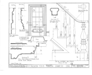 Details of the Bronson house newel and stairs while featuring moulding profiles.