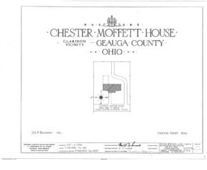 Blueprint cover page by the American Building Survey describing the Chester Moffett House erection date, address, and architect information.