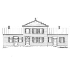 Line art of Chester Moffett House featuring shingle siding, windows with shutters, doors with panel molds, door casings, and all brick chimneys.