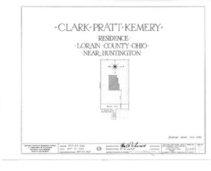 Blueprint cover page by the American Building Survey describing the Clark Pratt Kernery house erection date, address, and architect information.