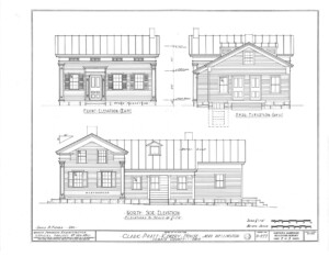 Blueprint for the Clark Pratt Kernery house front elevation, rear elevation, north side elevation with door mouldings, and windows with shutters.