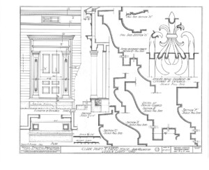 Blueprint for the Clark Pratt Kernery house showcasing elevation of entrance along with door panel molds.