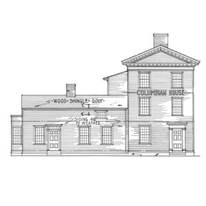 Line art of Columbian House featuring window casing mouldings, door casing mouldings, hipped roof, and shingle siding.