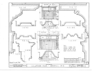 Blueprint of Columbian House showcasing fireplace mantel moulding profiles.