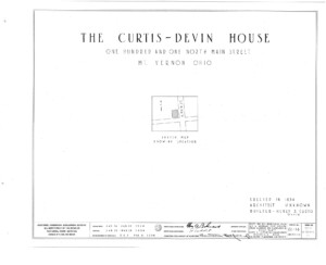 Blueprint cover page by the American Building Survey describing the curtis devin house erection date, address, and architect information.