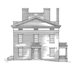 Line art of house curtis devin house featuring columns in front of door with side balcony, front balcony, and window casing mouldings.