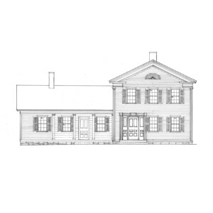 Line art of Dirlam Allen House featuring covered porch with columns, windows casings with shutters, and door mouldings with panel molds.