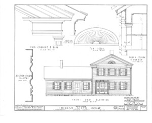 Blueprint of Dirlam Allen House front east elevation featuring windows with shutters, covered porch with columns, and doorway mouldings.