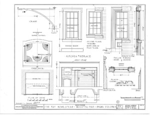 Blueprint of Fay Homestead house kitchen fireplace elevation featuring plinth casing, and dining room window casing mouldings.