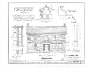 Blueprint of Fosdick house west elevation featuring door panel molds, column details, and cornice mouldings.