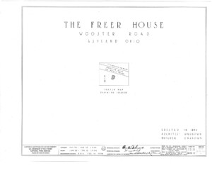 Blueprint cover page by the American Building Survey describing the Freer house erection date, address, and architect information.